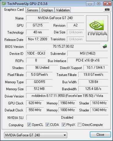 NVidia GeForce GT 240 Graphics Accelerator: specifikationer, specifikationer og anmeldelser